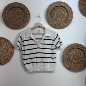 J. Crew Striped Linen Blend Short Sleeve Polo Sweater Tee XS White Blue Preppy